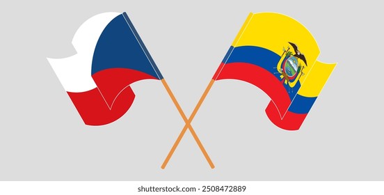Banderas cruzadas y ondeando de la República Checa y la República del Ecuador. Ilustración vectorial

