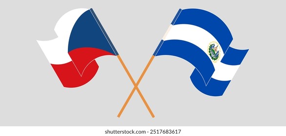 Bandeiras cruzadas e acenando da República Checa e República de El Salvador. Ilustração vetorial.
