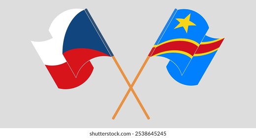 Banderas cruzadas y ondeando de la República Checa y la República Democrática del Congo. Ilustración vectorial.
