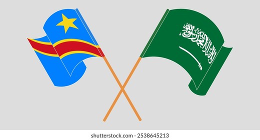 Crossed and waving flags of Democratic Republic of the Congo and Saudi Arabia. Vector illustration.
