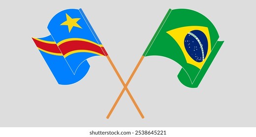 Crossed and waving flags of Democratic Republic of the Congo and Brazil. Vector illustration.
