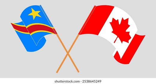 Crossed and waving flags of Democratic Republic of the Congo and Canada. Vector illustration.
