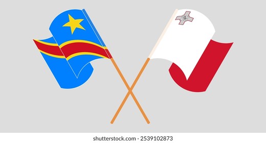 Crossed and waving flags of Democratic Republic of the Congo and Malta. Vector illustration.
