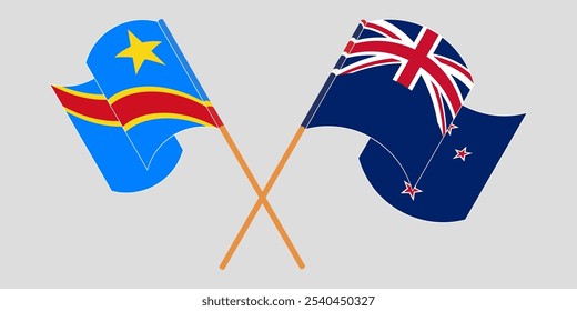 Crossed and waving flags of Democratic Republic of the Congo and New Zealand. Vector illustration.
