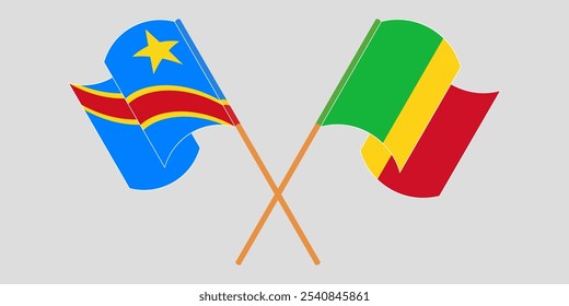 Banderas cruzadas y ondeando de la República Democrática del Congo y Malí. Ilustración vectorial.
