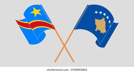 Banderas cruzadas y ondeando de la República Democrática del Congo y Kosovo. Ilustración vectorial.
