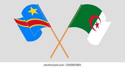 Bandeiras cruzadas e acenando da República Democrática do Congo e da Argélia. Ilustração vetorial.
