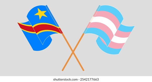 Crossed and waving flags of Democratic Republic of the Congo and Transgender Pride. Vector illustration.
