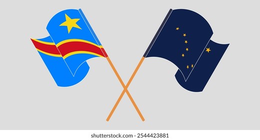 Crossed and waving flags of Democratic Republic of the Congo and the State of Alaska. Vector illustration.
