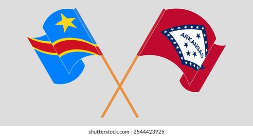 Bandeiras cruzadas e acenando da República Democrática do Congo e do Estado do Arkansas. Ilustração vetorial.
