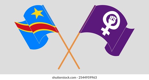 Crossed and waving flags of Democratic Republic of the Congo and Feminism. Vector illustration.
