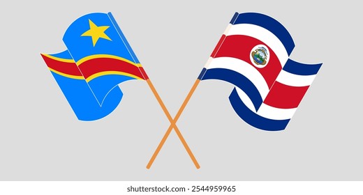 Crossed and waving flags of Democratic Republic of the Congo and Costa Rica. Vector illustration.
