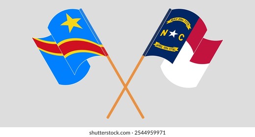 Crossed and waving flags of Democratic Republic of the Congo and The State of North Carolina. Vector illustration.
