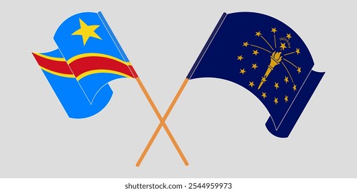 Crossed and waving flags of Democratic Republic of the Congo and the State of Indiana. Vector illustration.
