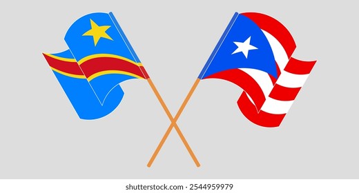 Bandeiras cruzadas e acenando da República Democrática do Congo e Porto Rico. Ilustração vetorial.
