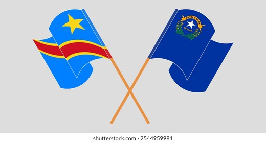 Crossed and waving flags of Democratic Republic of the Congo and The State of Nevada. Vector illustration.
