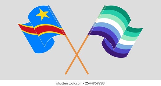 Crossed and waving flags of Democratic Republic of the Congo and gay men pride. Vector illustration.
