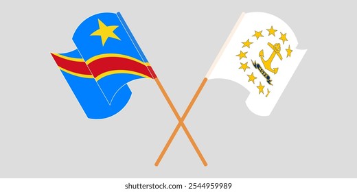 Bandeiras cruzadas e acenando da República Democrática do Congo e do Estado de Rhode Island. Ilustração vetorial.