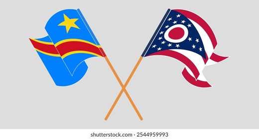 Crossed and waving flags of Democratic Republic of the Congo and the State of Ohio. Vector illustration.
