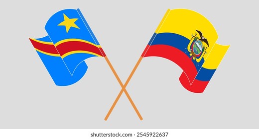 Bandeiras cruzadas e acenando da República Democrática do Congo e da República do Equador. Ilustração vetorial.
