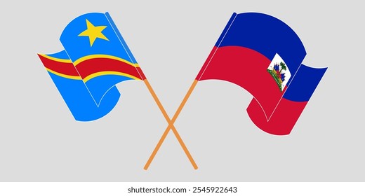 Bandeiras cruzadas e acenando da República Democrática do Congo e da República do Haiti. Ilustração vetorial.
