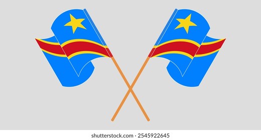 Crossed and waving flags of Democratic Republic of the Congo. Vector illustration.