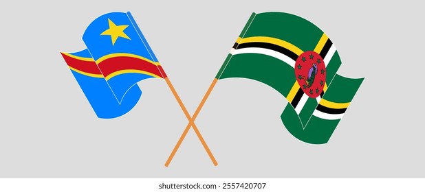 Crossed and waving flags of Democratic Republic of the Congo and Dominica. Vector illustration.
