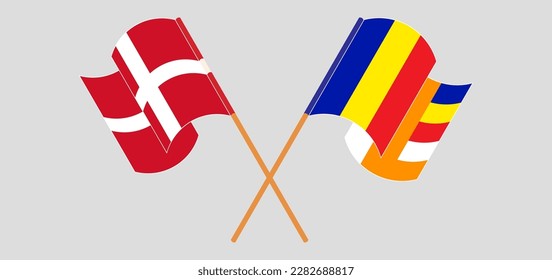 Crossed and waving flags of Denmark and Buddhism. Vector illustration