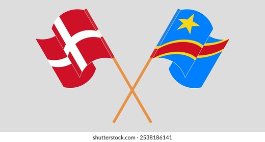 Crossed and waving flags of Denmark and Democratic Republic of the Congo. Vector illustration.
