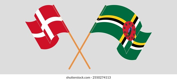 Crossed and waving flags of Denmark and Dominica. Vector illustration.
