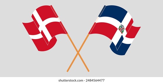 Crossed and waving flags of Denmark and Dominican Republic. Vector illustration
