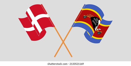 Crossed and waving flags of Denmark and Eswatini. Vector illustration
