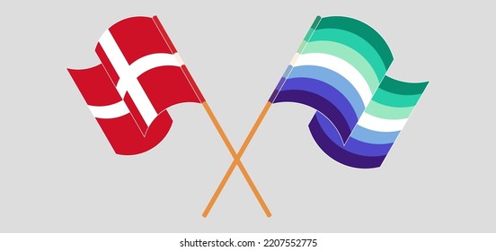 Crossed and waving flags of Denmark and gay men pride. Vector illustration
