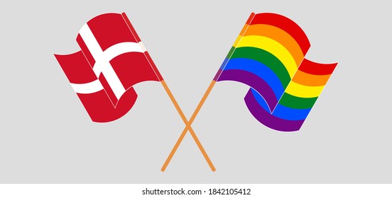 Crossed and waving flags of Denmark and LGBTQ