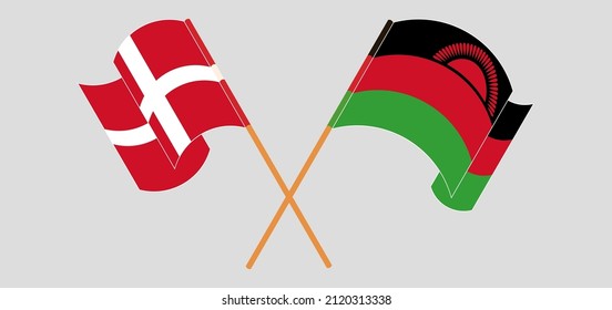 Crossed and waving flags of Denmark and Malawi. Vector illustration
