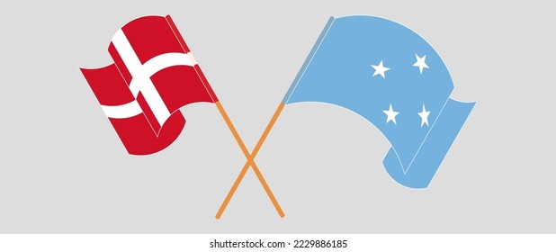 Crossed and waving flags of Denmark and Micronesia. Vector illustration
