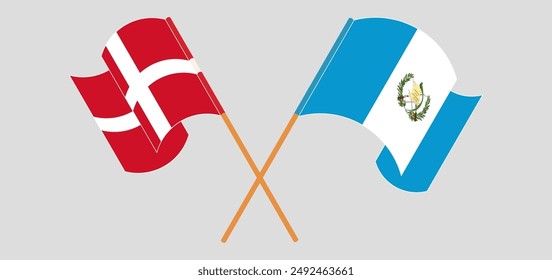 Crossed and waving flags of Denmark and Republic of Guatemala. Vector illustration
