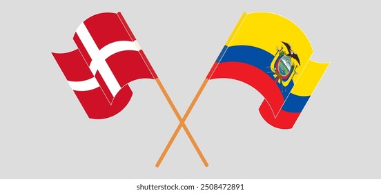 Crossed and waving flags of Denmark and Republic of Ecuador. Vector illustration
