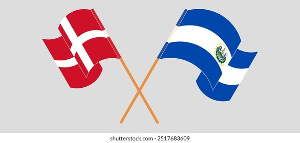 Crossed and waving flags of Denmark and Republic of El Salvador. Vector illustration.
