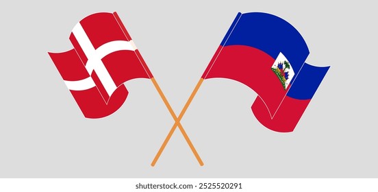 Crossed and waving flags of Denmark and Republic of Haiti. Vector illustration.
