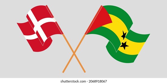 Crossed and waving flags of Denmark and Sao Tome and Principe. Official colors. Correct proportion