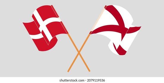 Crossed and waving flags of Denmark and The State of Alabama. Vector illustration
