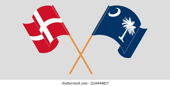 Crossed and waving flags of Denmark and The State of South Carolina. Vector illustration
