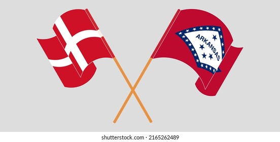 Crossed and waving flags of Denmark and The State of Arkansas. Vector illustration

