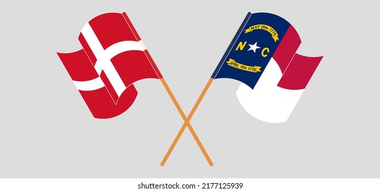 Crossed and waving flags of Denmark and The State of North Carolina. Vector illustration
