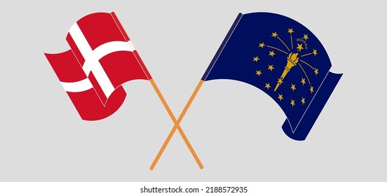 Cruzando y ondeando banderas de Dinamarca y el Estado de Indiana. Ilustración del vector
