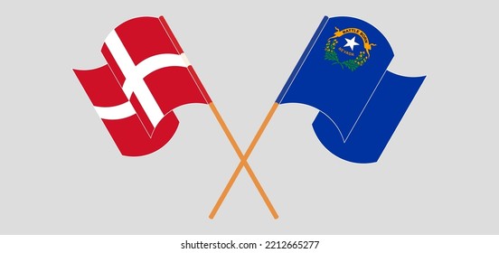 Crossed and waving flags of Denmark and The State of Nevada. Vector illustration

