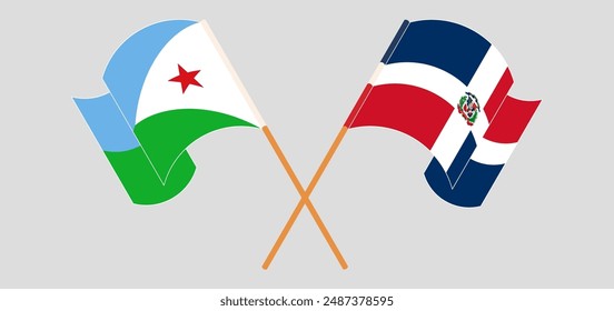 Crossed and waving flags of Djibouti and Dominican Republic. Vector illustration
