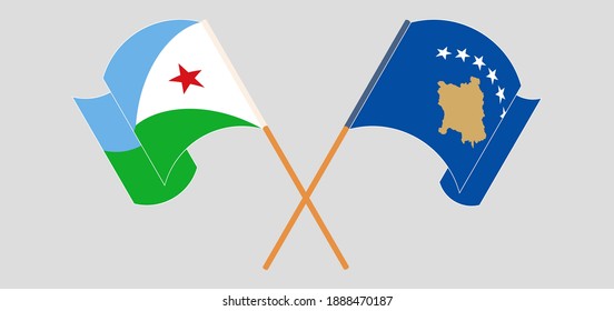 Crossed and waving flags of Djibouti and Kosovo