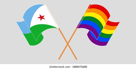 Crossed and waving flags of Djibouti and LGBTQ
